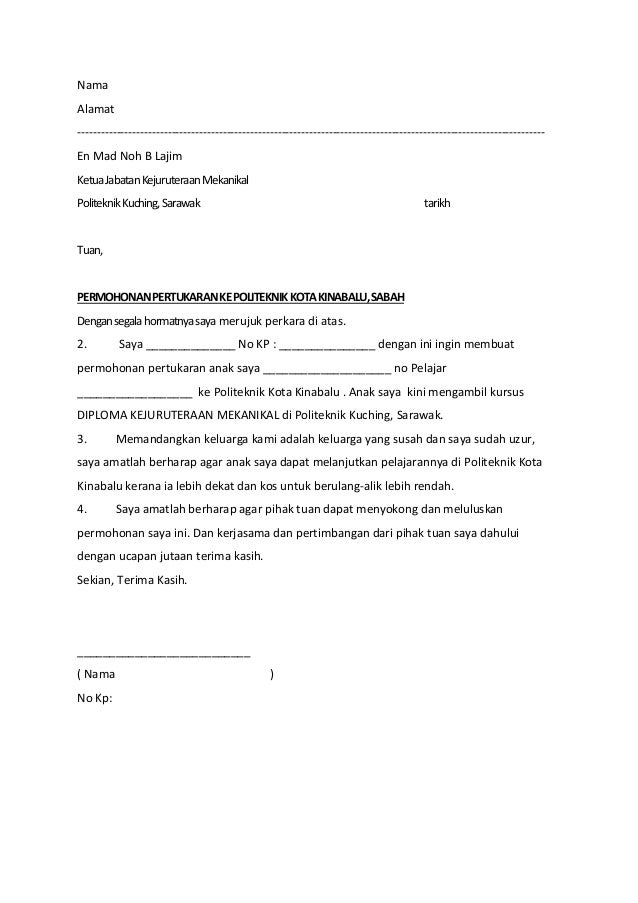Contoh surat permohonan pertukaran politeknik