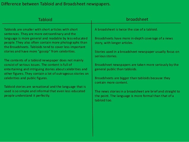 a comparison of the tabloid and the broadsheet Free and custom essays at essaypediacom take a look at written paper - compare and contrast the british ¡®tabloid¡¯& ¡®broadsheet¡¯ press. a comparison of the tabloid and the broadsheet Free and custom essays at essaypediacom take a look at written paper - compare and contrast the british ¡®tabloid¡¯& ¡®broadsheet¡¯ press.