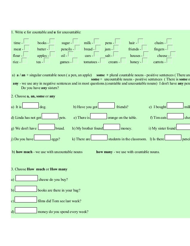 Countable and uncountable nouns exercises