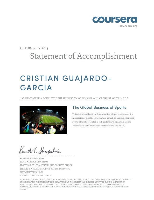 Statement of Accomplishment Coursera Coursera.org Statement of