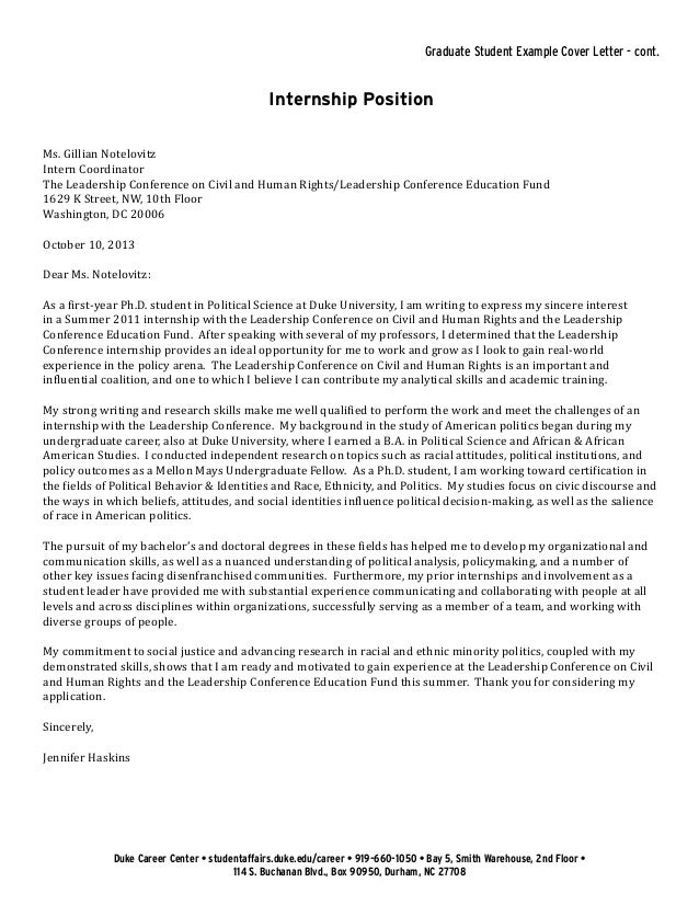 graduate internship cover letters