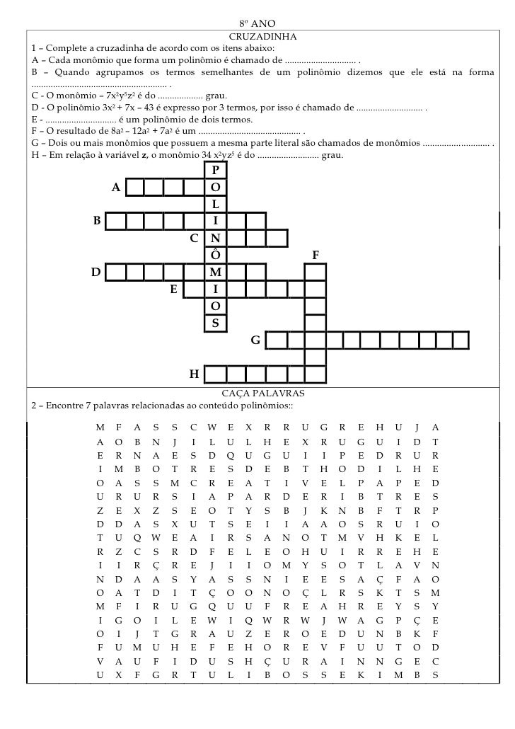 Caça Palavras De Matematica Para O 8 Ano