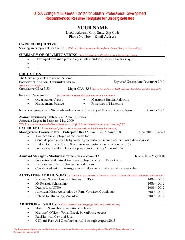 Resume Template for Undergraduate Students