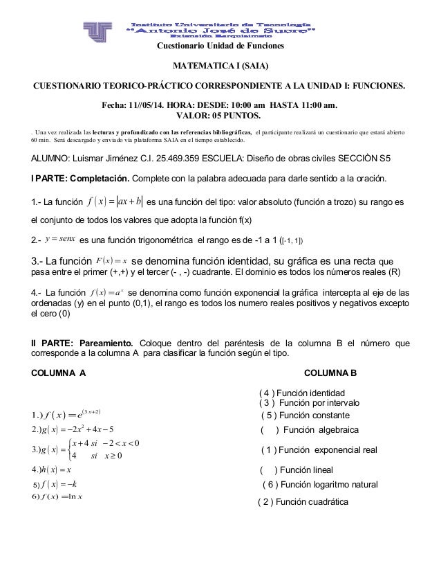 Saia+Barquisimeto Cuestionario Unidad de FuncionesMATEMATICA I (SAIA)CUESTIONARIO ...