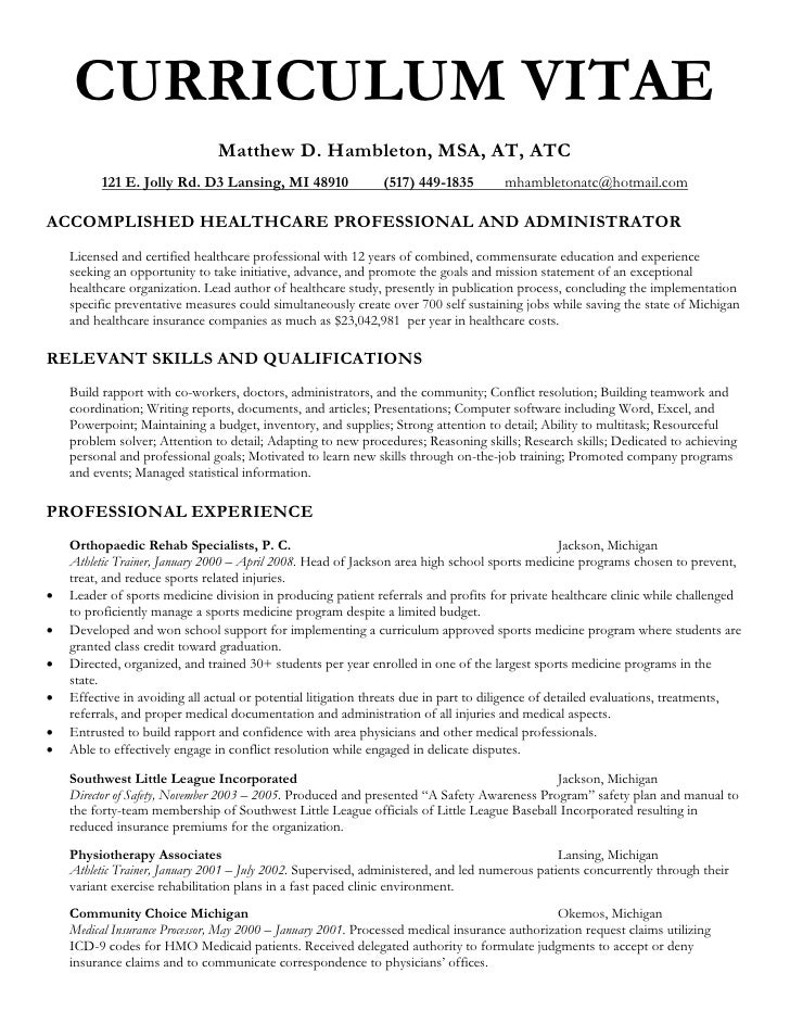 Sample resume for medical professional