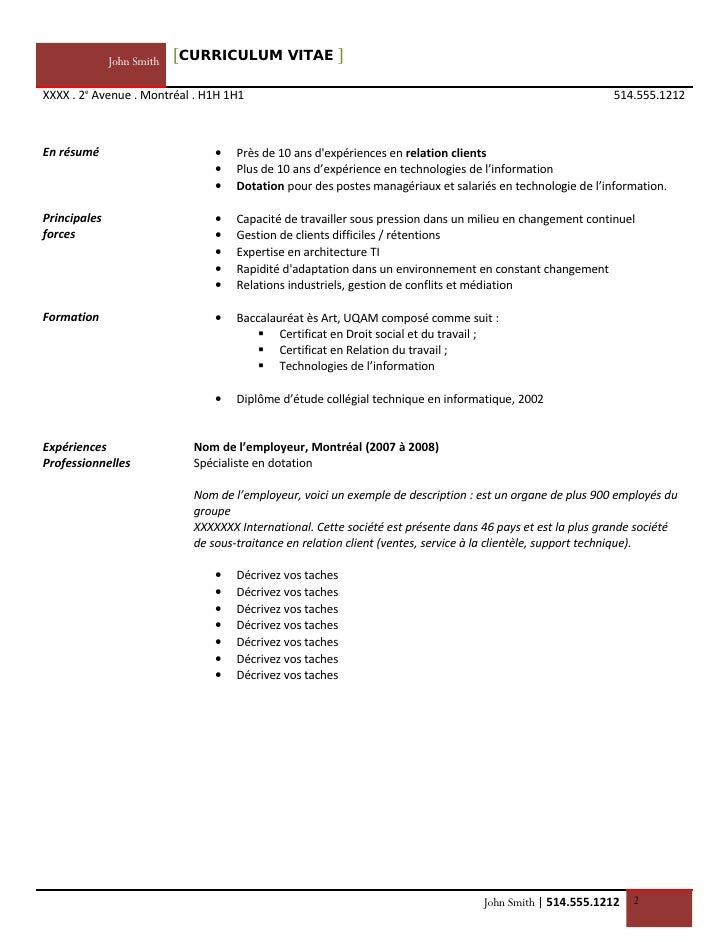 model de curriculum vitae cv quebec template