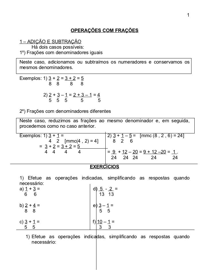 Operaçoes Com Fraçoes Adiçao E Subtraçao Multiplicaçao E Divisao