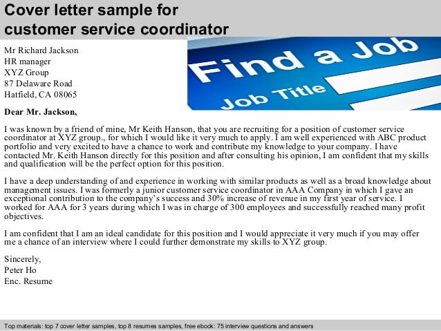 Sample cover letter customer service coordinator