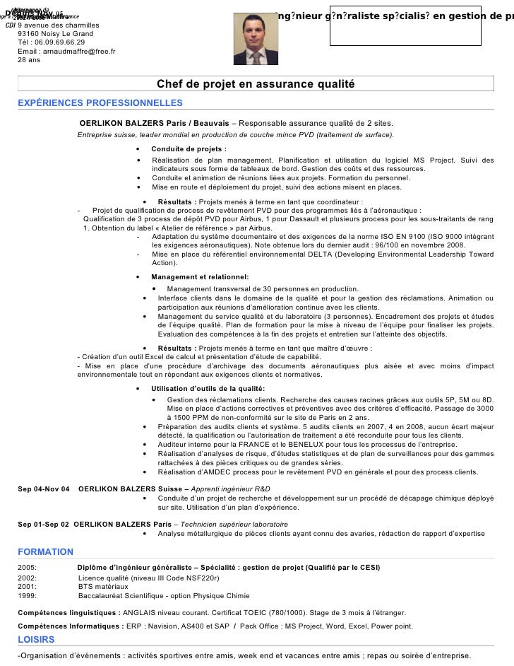 Exemple De Cv En Anglais Chef De Projet  Sample Resume