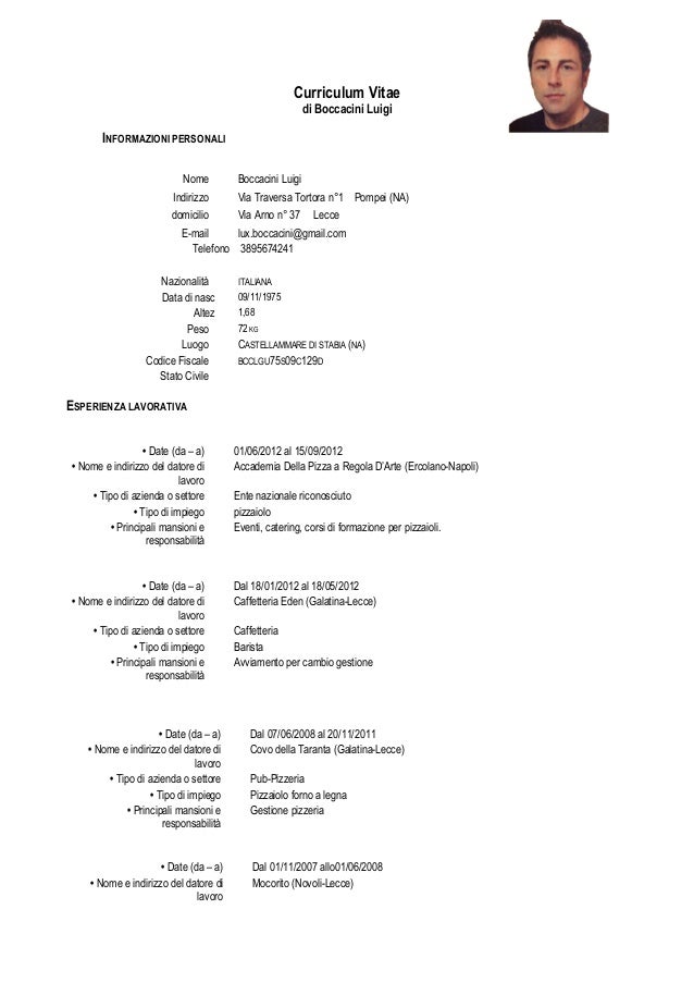esempio curriculum vitae europeo di un cuoco