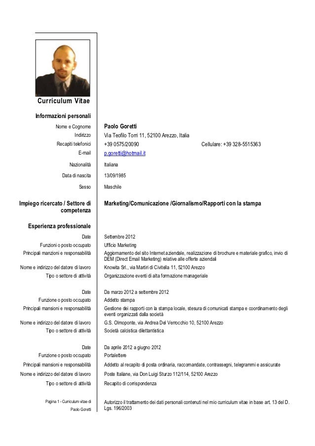 curriculum vitae curriculum vitae italiano esempio cv italiano template