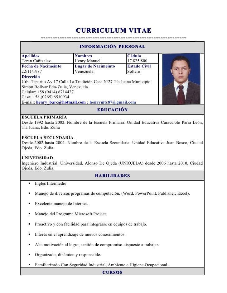 curriculum vitae documentado ejemplos