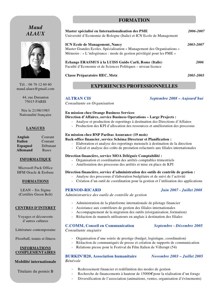 Resume Format Modele De Cv Gratuit Controleur De Gestion