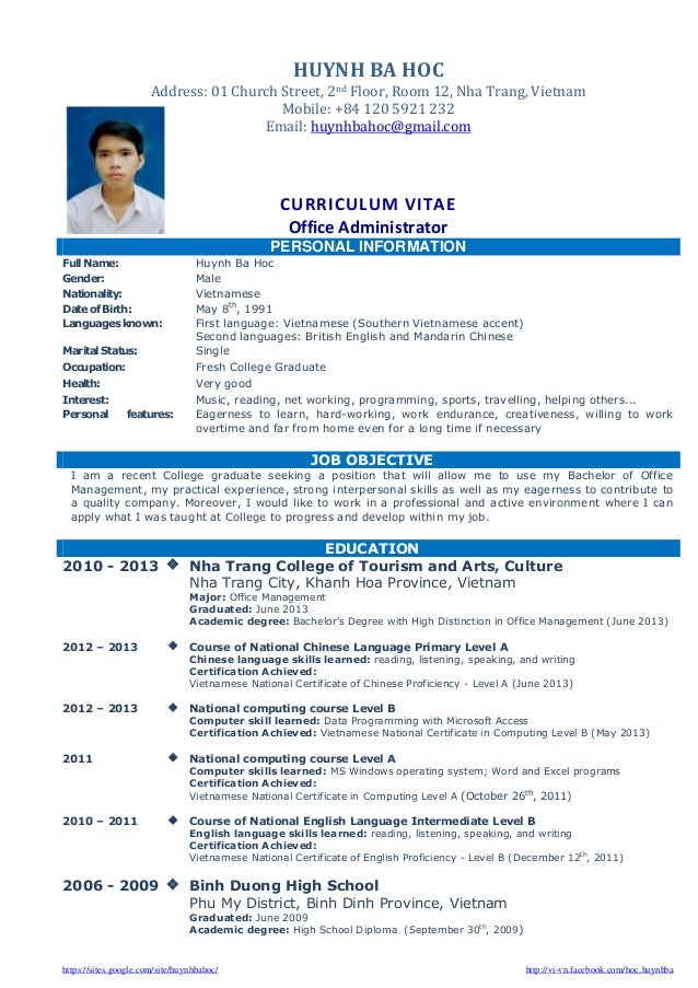 Cv resume sample for fresh graduate of office administration