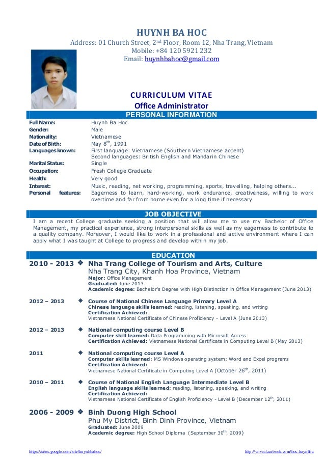 Sample of c v or resume