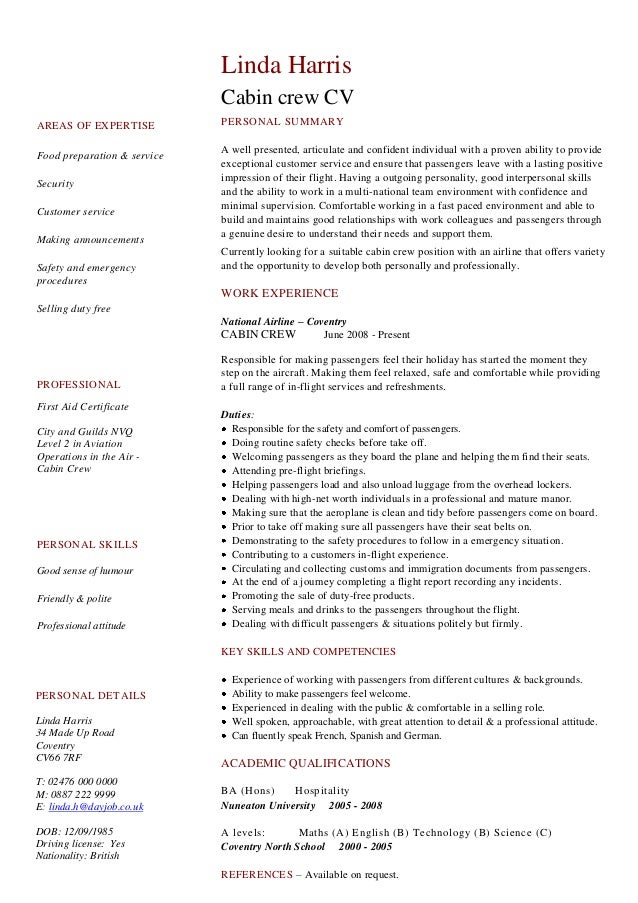 resume for cabin crew interview