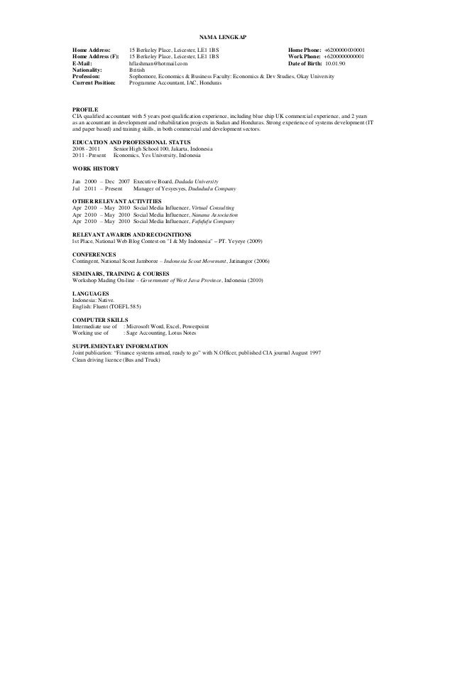Contoh CV dalam bahasa inggris