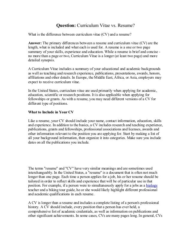 curriculum vitae resume difference between