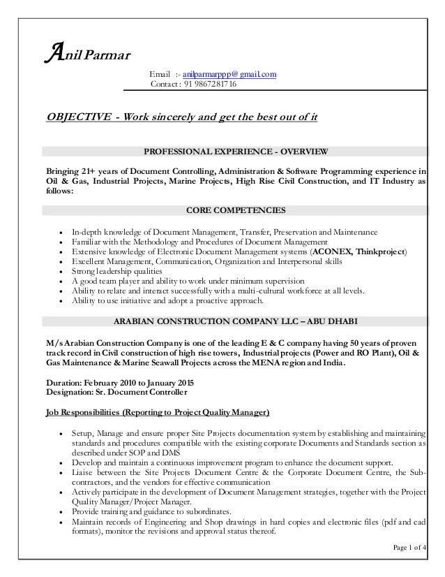 resume for supervisor in construction