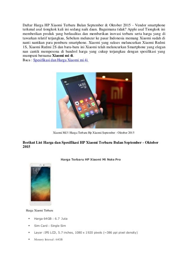 Daftar Harga dan Spesifikasi HP Xiaomi Bulan September ...