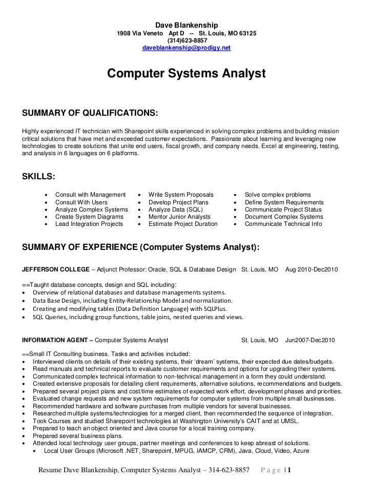 Computer analyst resume example