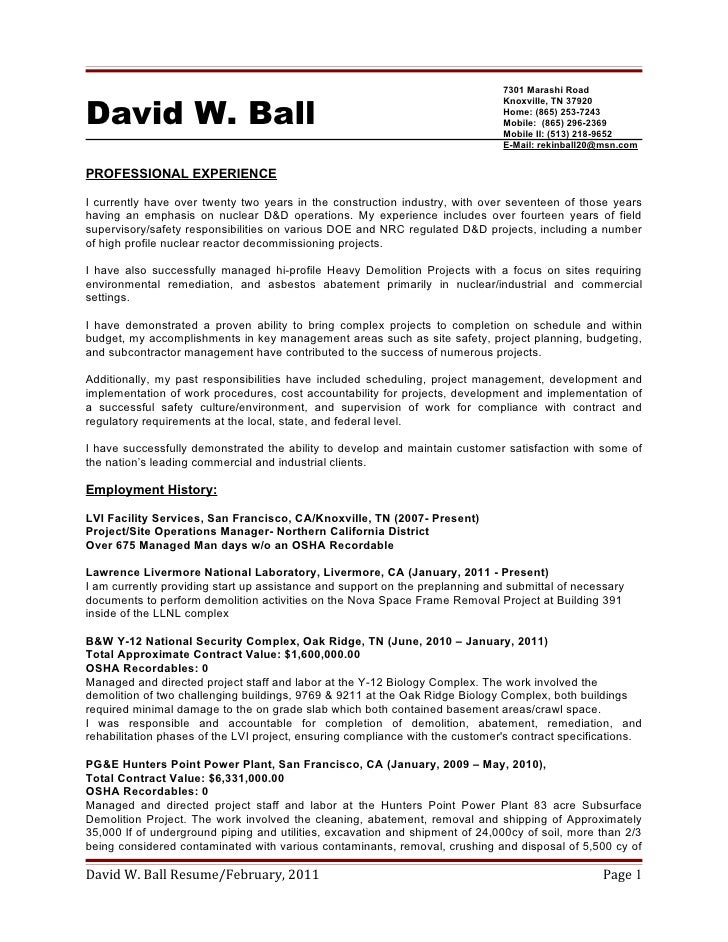 David W Ball Resume 2 12 2011