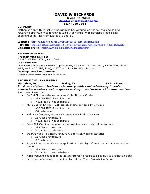Visual basic with asp net resume