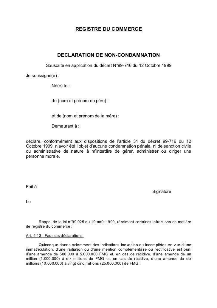 Déclaration Sur L'honneur De Non Condamnation Mentionnant La Filiation