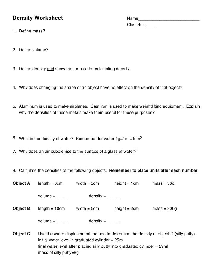 Density Worksheet 2 Density Worksheet 2