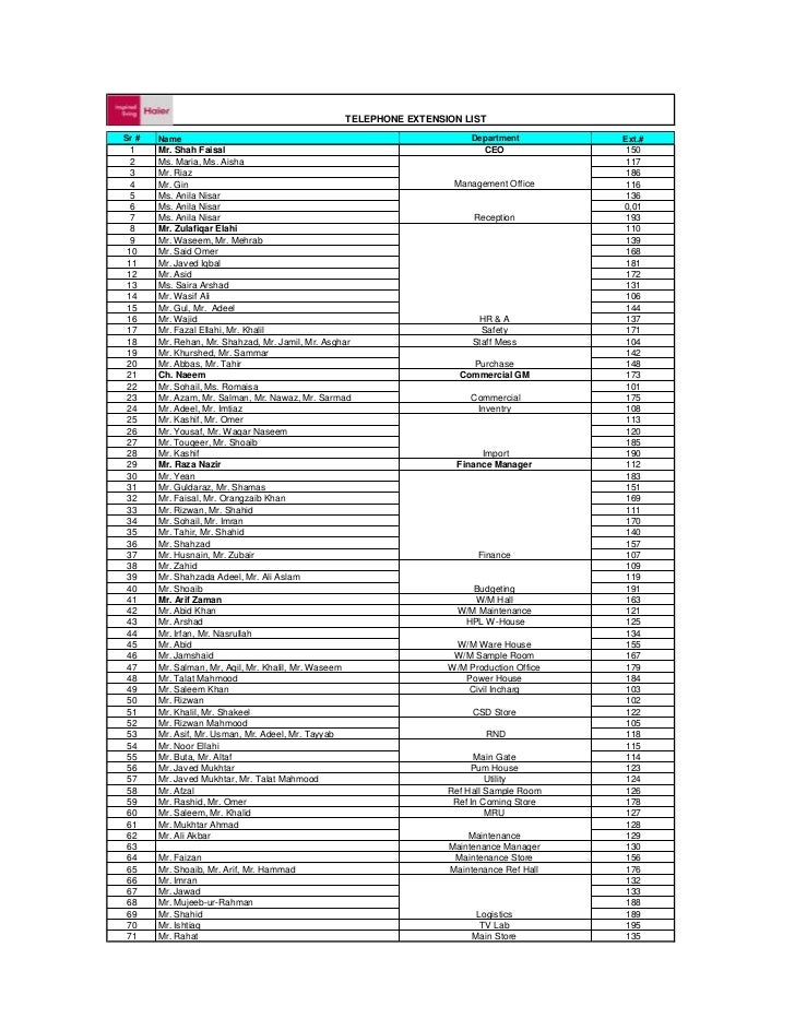Department Extension List Department Extension List