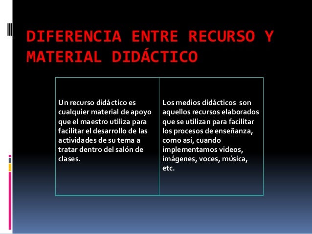 DIFERENCIA ENTRE RECURSO YMATERIAL DIDÁCTICO   Un recurso didáctico es          Los medios didácticos son   cualquier mate...