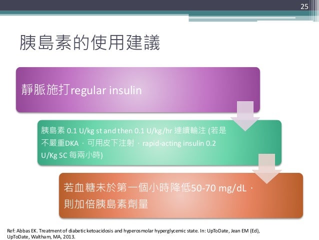 胰島素的使用建議 靜脈施打regular insulin 胰島素 0.1 U/kg st and then 0.1 U/kg/hr 連續輸注 (若是 不嚴重DKA，可用皮下注射，rapid-acting insulin 0.2 U/Kg SC ...