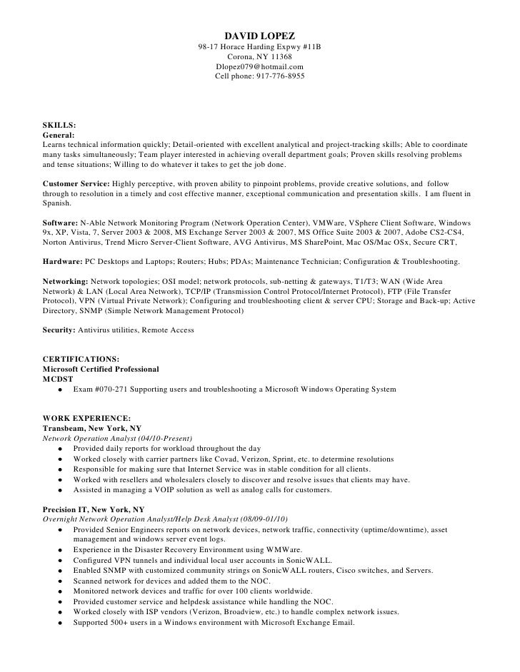 network technician sample resume