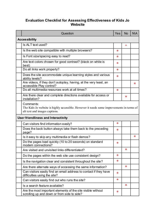 Checklist Template Website Evaluation Checklist for Assessing Effectiveness of Kids Jo Website Question Yes No NA Accessibility Is ALT ...