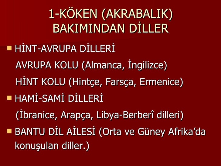 1-KÖKEN (AKRABALIK) BAKIMINDAN DİLLER <ul><li>HİNT-AVRUPA DİLLERİ </li></ul><ul><li>AVRUPA KOLU (Almanca, İngilizce) </li...