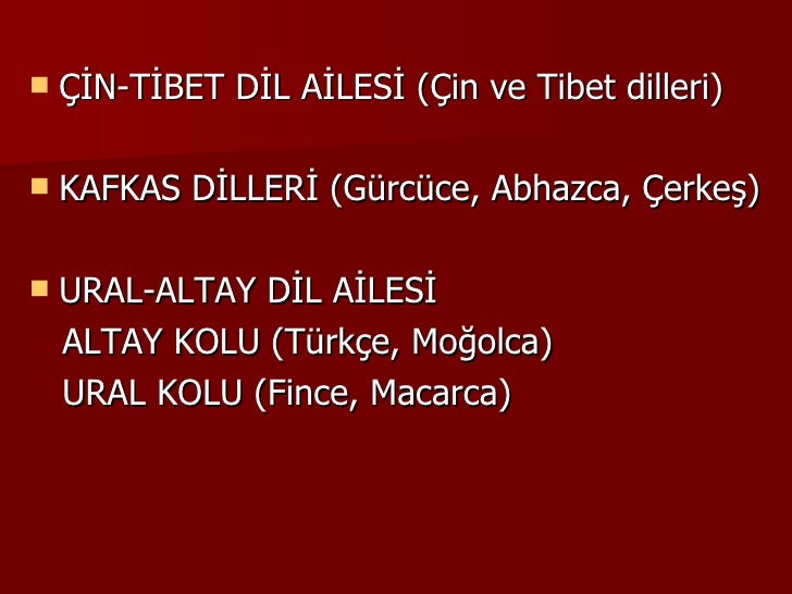 <ul><li>ÇİN-TİBET DİL AİLESİ (Çin ve Tibet dilleri) </li></ul><ul><li>KAFKAS DİLLERİ (Gürcüce, Abhazca, Çerkeş) </li></ul>...