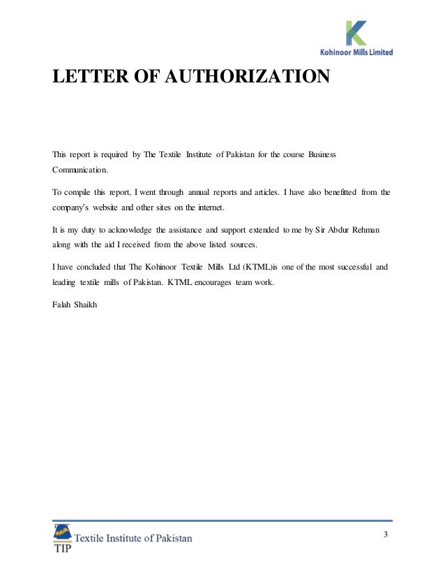 authorization letter water connection research report of kohinoor textile mills authorization letter water connection research report of kohinoor textile mills
