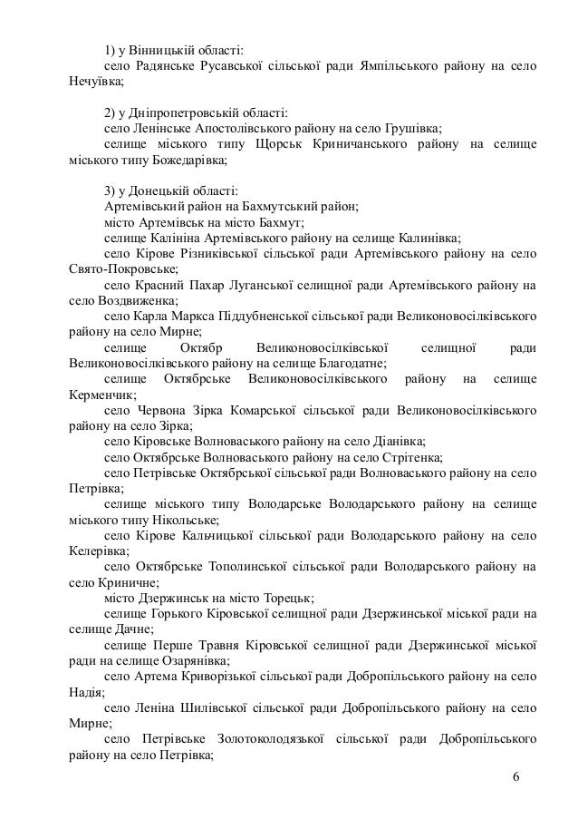 1) у Вінницькій області:
село Радянське Русавської сільської ради Ямпільського району на село
Нечуївка;
2) у Дніпропетровс...