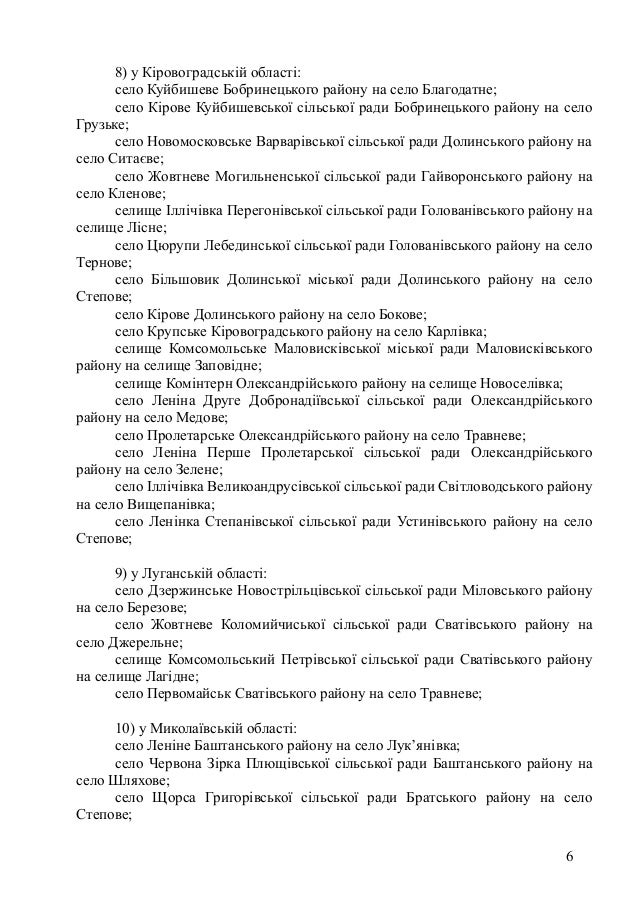 8) у Кіровоградській області:
село Куйбишеве Бобринецького району на село Благодатне;
село Кірове Куйбишевської сільської ...