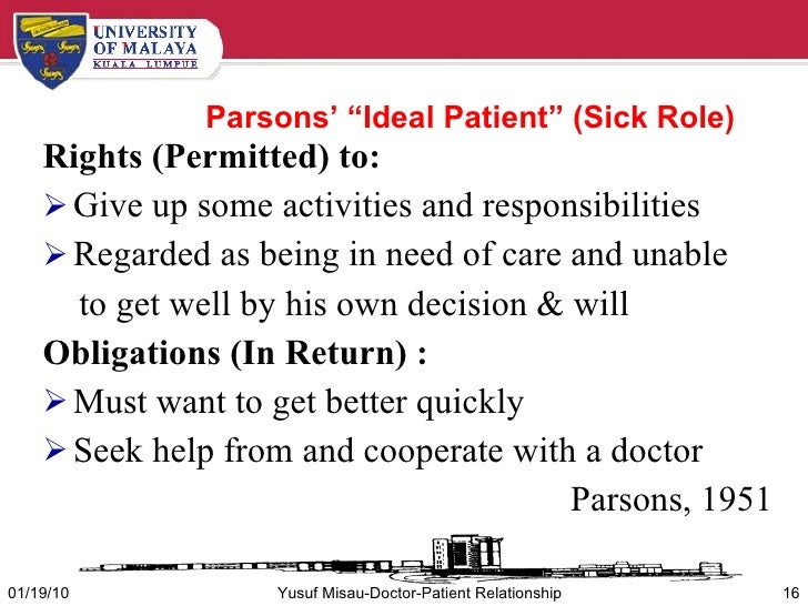 parsons’ sick role Abstract this paper addresses the relevance of parsons’ concept of the ‘sick role’ to the experience of illness in contemporary society by building on recent research, which suggests that the increasing predominance of chronic disease changes the temporal structure of the experience of illness. parsons’ sick role Abstract this paper addresses the relevance of parsons’ concept of the ‘sick role’ to the experience of illness in contemporary society by building on recent research, which suggests that the increasing predominance of chronic disease changes the temporal structure of the experience of illness.