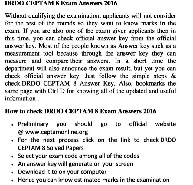 Drdo ceptam 8 exam 2016 answer key and get soon jobs result