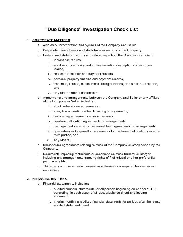 due diligence check list