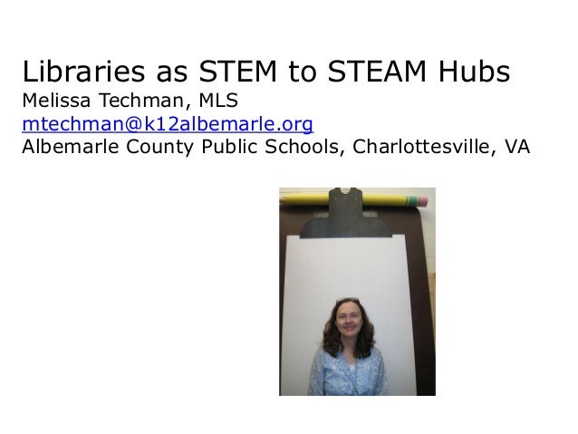 Libraries as STEM to STEAM Hubs
Melissa Techman, MLS
mtechman@k12albemarle.org
Albemarle County Public Schools, Charlottes...