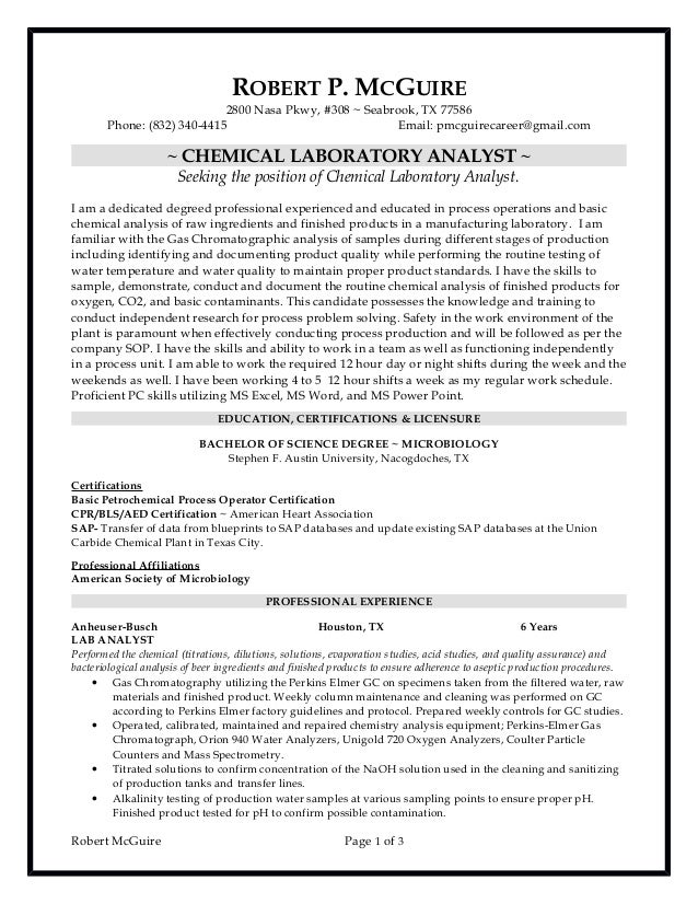 Resume chemical lab technician
