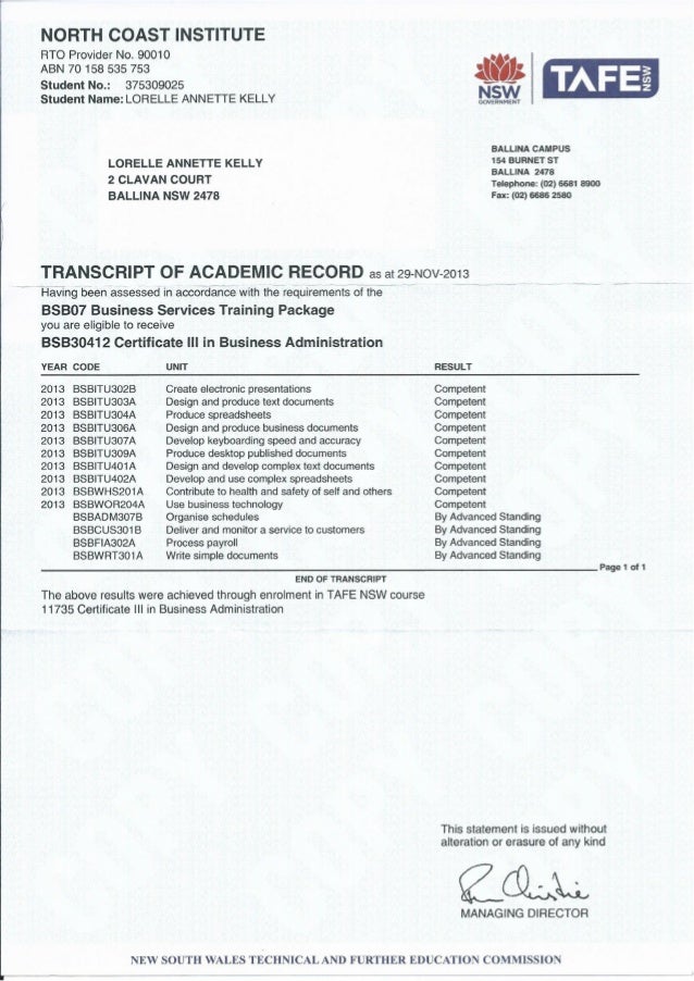 Certificate III Business Administration Transcript Certificate III Business Administration Transcript