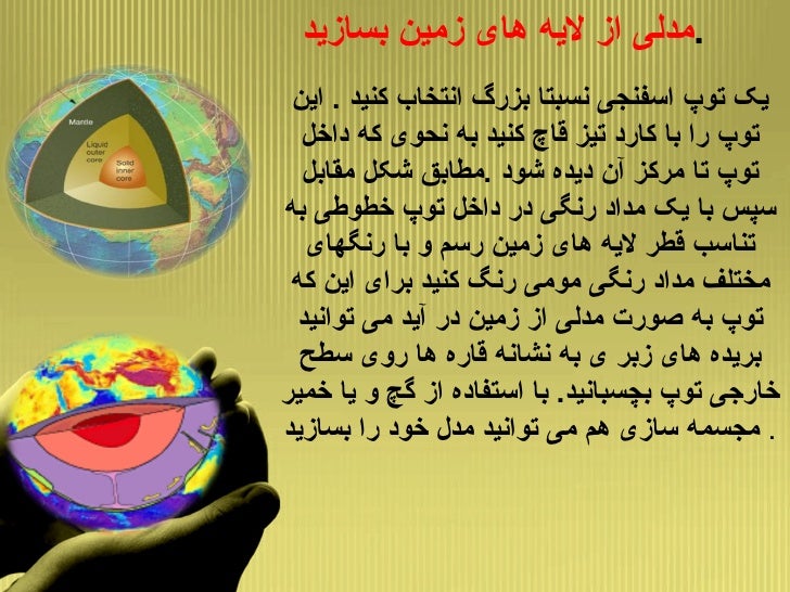 مدلی از لایه های زمین بسازید . یک توپ اسفنجی نسبتا بزرگ انتخاب کنید . این توپ را با کارد تیز قاچ کنید به نحوی که داخل ت...