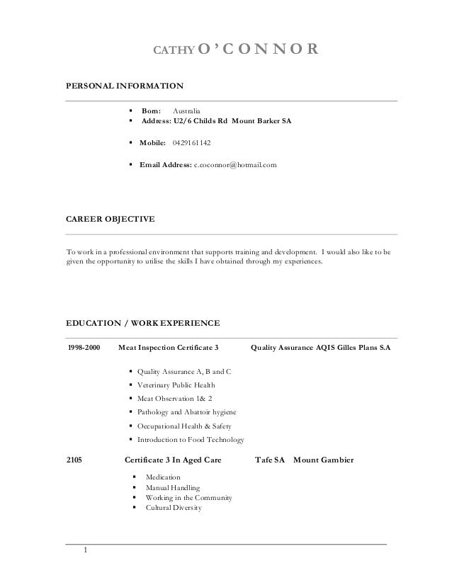 sample resume for aged care worker position