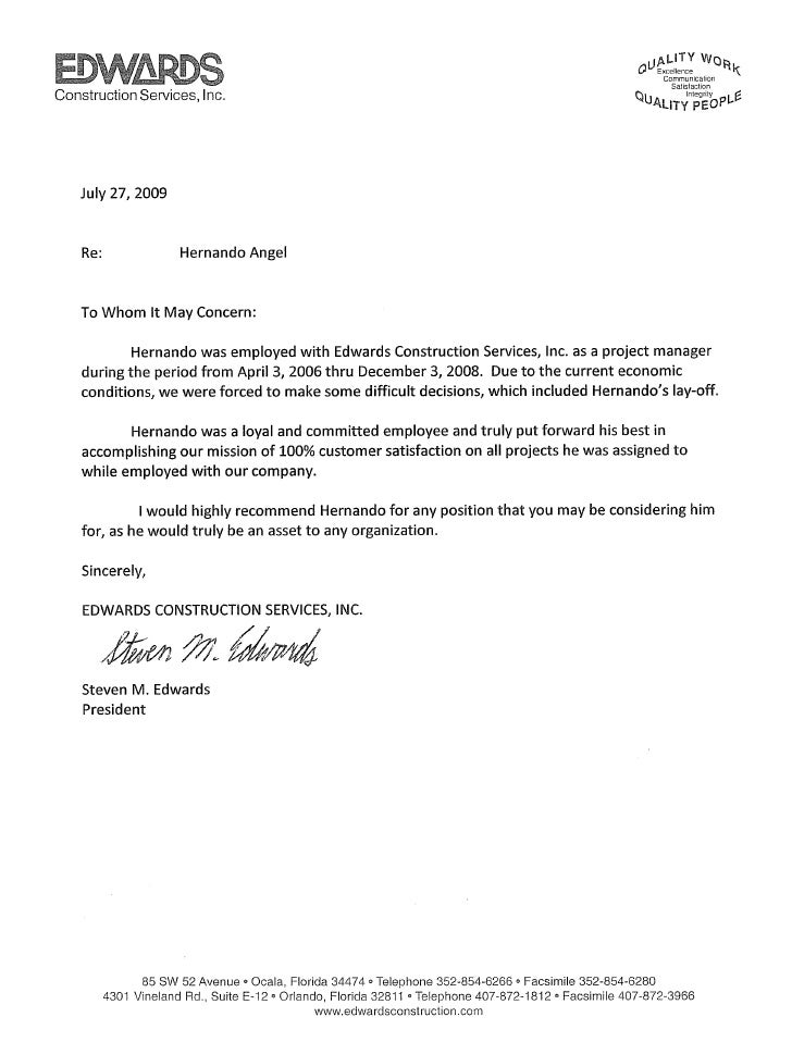Letter Of Recommendation Construction Employee Letter Of Recommendation Construction Employee