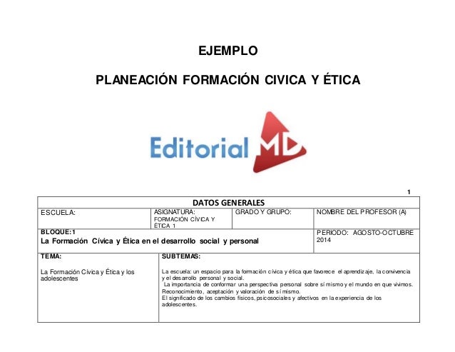 Ejemplo PLANEACION de FORMACION CIVICA Y ETICA Secundaria (Planeacion…