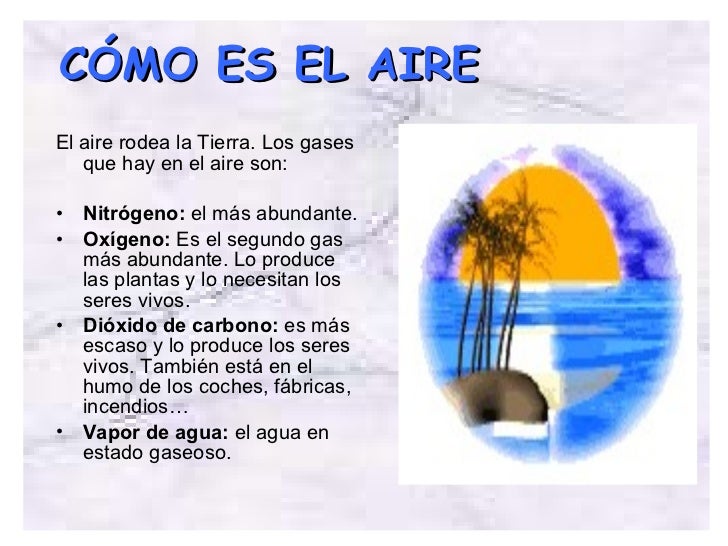 CÓMO ES EL AIRE <ul><li>El aire rodea la Tierra. Los gases que hay en el aire son: </li></ul><ul><li>Nitrógeno:  el más ab...